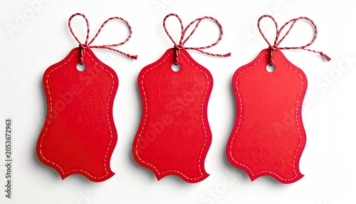 Three blank red decorative tags with string bows, white background