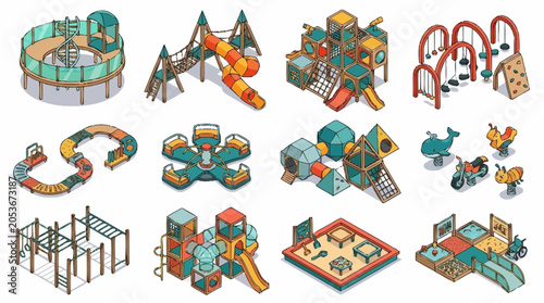 Collection of colorful isometric playground equipment for children's entertainment and outdoor activities.