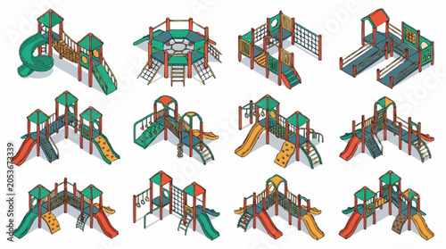 Collection of colorful isometric playground equipment sets for children's outdoor recreation.