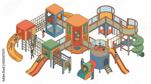 Vibrant and colorful modern playground structure with children enjoying various activities.