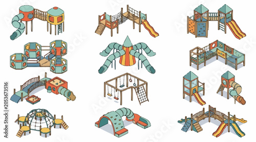 Collection of colorful isometric playground equipment for children's entertainment and outdoor activities.
