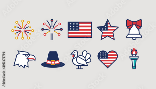 Bild auf Leinwand A collection of patriotic American holiday icons including fireworks, flags, an eagle, a turkey, a pilgrim hat, and a torch, presented in a clean, linear style
