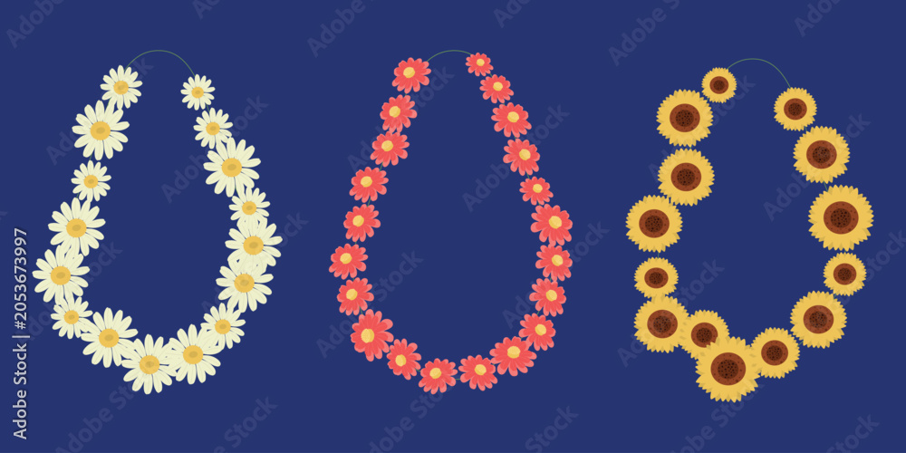 Obraz premium Daisy and Sunflower Floral Leis Vector Set. Hand Drawn Botanical Garland Necklaces. Daisy, Zinnia, Sunflower