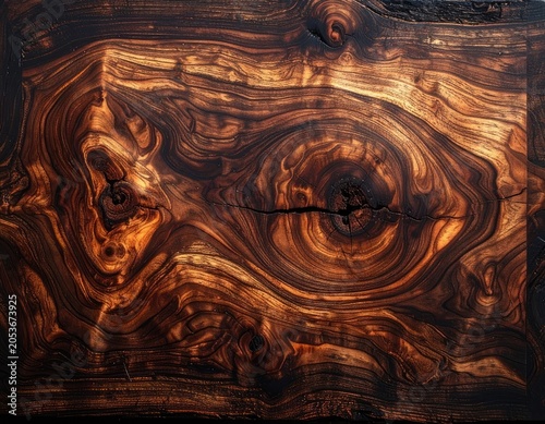 Richly patterned dark wood grain swirls with knot details