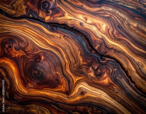 Close-up of rich, swirling wood grain with a deep crack