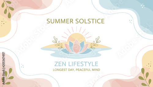 Photos A serene illustration celebrating the Summer Solstice with a lotus flower, sun, and calming pastel colors, promoting a Zen lifestyle and peaceful mind