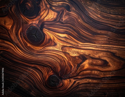 Richly textured, dark-grained wood with prominent, circular knots and flowing lines
