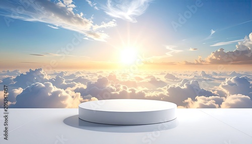 White podium on platform above sun-drenched clouds, bright sky