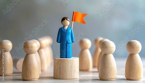 Leader figurine with orange flag on podium, surrounded by team