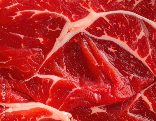 Vivid crimson and white marbling of raw, uncooked red meat fibers