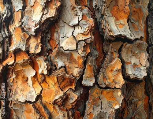 Close-up textured view of deeply fissured, richly colored, aged bark