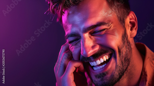 Portrait of a bearded man laughing with vibrant neon pink and blue lighting. Joyful expression with hand near face against colorful gradient background.