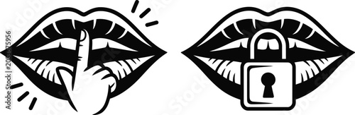 Obraz na płótnie Silence, and secrecy icon set, shushing lips finger gesture and padlock symbols