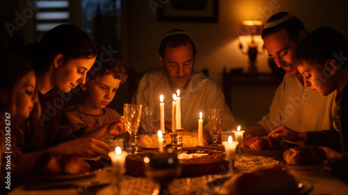 Jewish family celebrating Shabbat dinner together around candlelit table with traditional meal, wine glasses, and challah bread in warm intimate home setting.