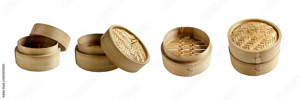 Obraz premium Set of traditional Chinese bamboo steamers shown in various angles, open and closed, isolated against a black background