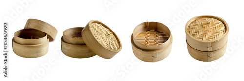 Set of traditional Chinese bamboo steamers shown in various angles, open and closed, isolated against a black background