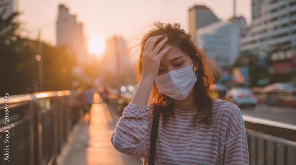 Fototapeta premium Asian woman wearing mask for prevent dusk pm 2.5 bad air pollution and coronavirus or covid-19 having headache, fever. Girl wears mask due to bad smell and prevent virus infection from people in city.