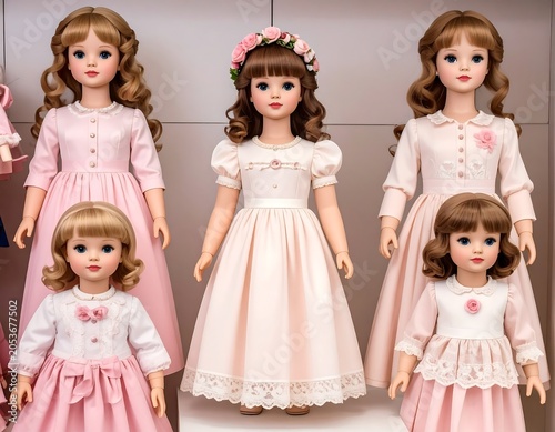 Several vintage-style dolls are arranged, wearing light pink dresses. Some have flower crowns, evoking a classic, nostalgic feel