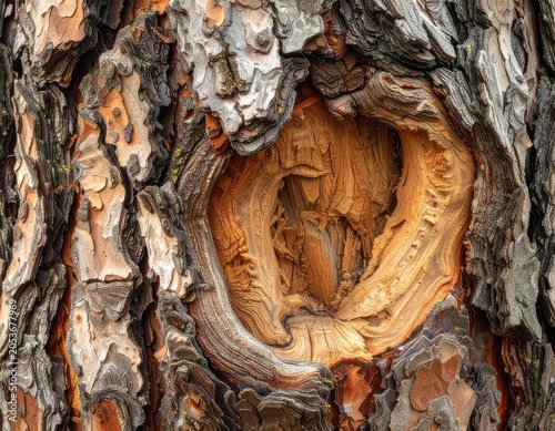 Close-up of weathered, textured bark with a hollow knot revealing inner wood grain