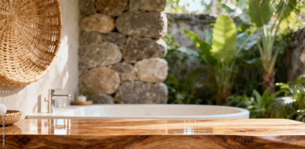 Obraz premium Luxury Outdoor Bathroom with Stone Wall and Wooden Vanity for Interior Design