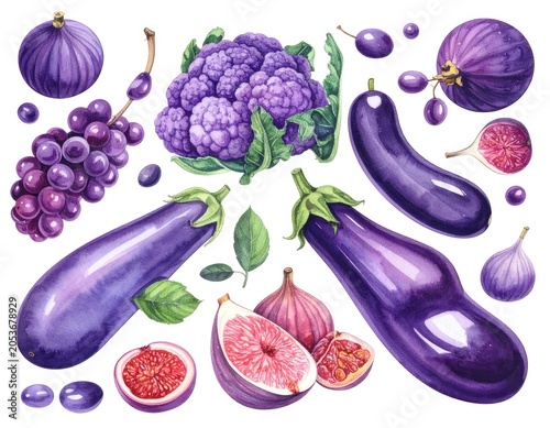 Vibrant watercolor arrangement of purple fruits and vegetables