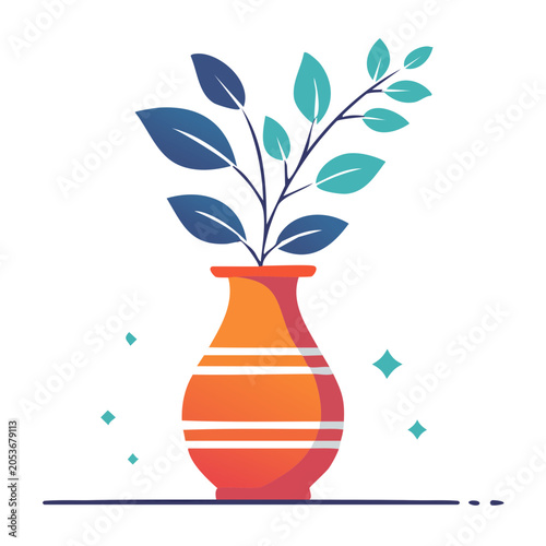 Orange vase with green and blue leaves illustration