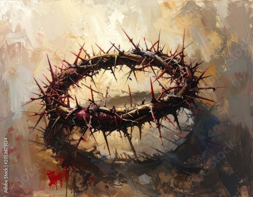 A painted crown of thorns with blood splatters on a textured background