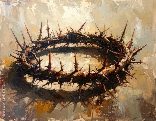A starkly lit, thorny crown of branches against a textured, abstract background