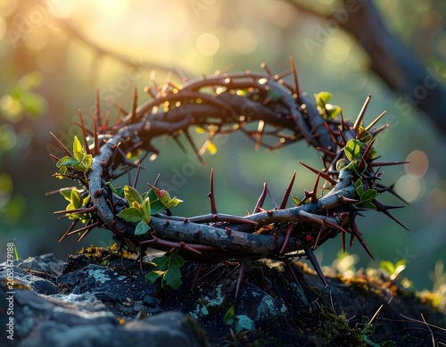 A thorny crown with green sprouts rests on a mossy rock