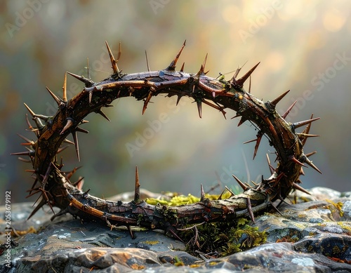 A worn, thorny crown of branches rests on rough, mossy rocks