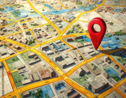 Stylized aerial map showing city blocks, roads, water, and a prominent red location marker