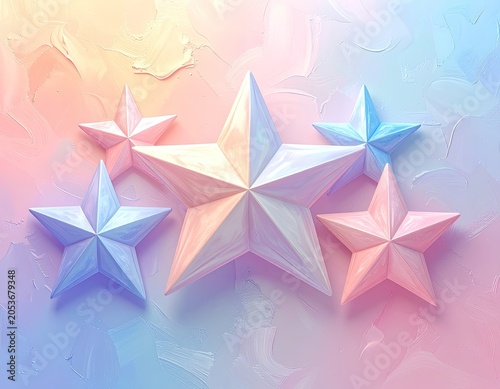 Five shimmering stars in pastel hues, artfully arranged on a textured canvas
