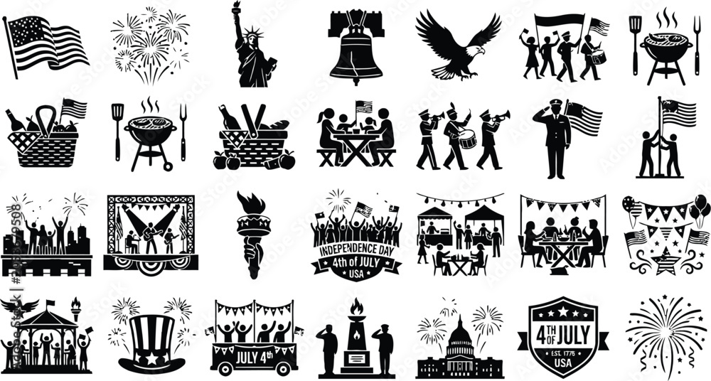 Fototapeta premium American Independence Day Icons Black Silhouette Collection On White Background