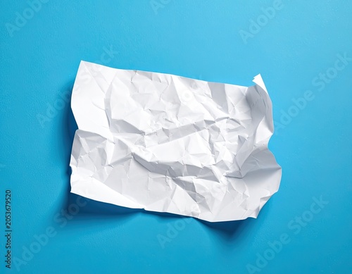 A crumpled piece of white paper lies on a vibrant blue surface