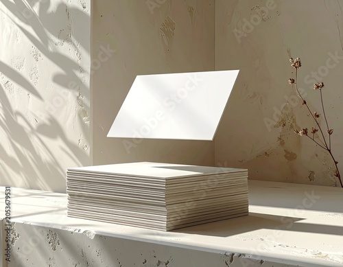 Clean white cards hover above stack on textured surface with shadow