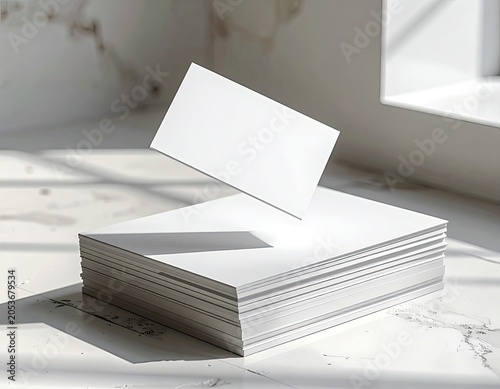 A blank white card floats above a stack of blank cards on a marble surface