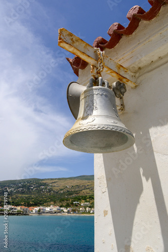 The bell of the chapel of Panagia Thalassini. Andros island, Cyclades, Greece