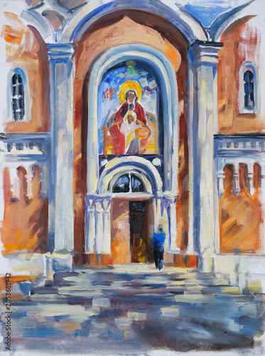 The entrance to an Orthodox church. Oil painting on canvas