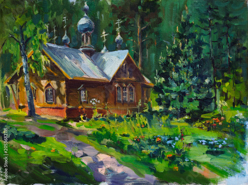 Сhurch in the forest. Oil painting on canvas