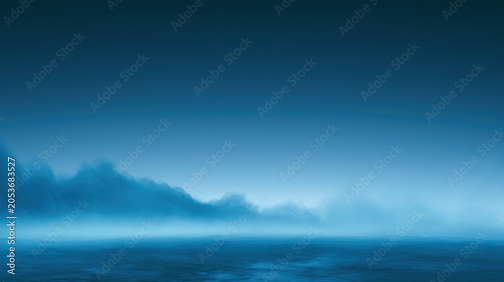 Fototapeta premium Dawn over peaceful ocean waters. Gentle fog drifts across tranquil blue sea. Quiet early morning scene with mist and calm waters. Calm dawn scene with misty horizon and soothing shades of blue