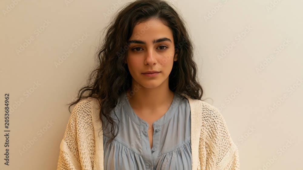 Fototapeta premium AI Job Anxiety Young Middle Eastern Curvy Woman Guarded