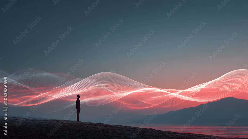 Fototapeta premium Person silhouette wave energy landscape horizon lone person silhouette stands on shoreline facing flowing energy wave of soft red and white light over calm water and distant mountains at dusk