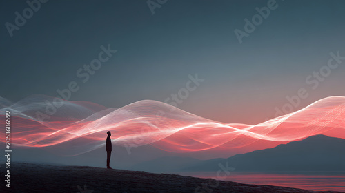 Person silhouette wave energy landscape horizon lone person silhouette stands on shoreline facing flowing energy wave of soft red and white light over calm water and distant mountains at dusk
