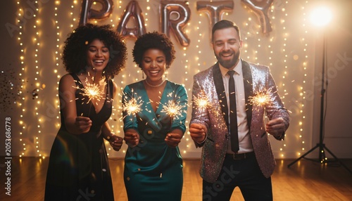 Three happy friends celebrating at a party with sparklers and balloons.