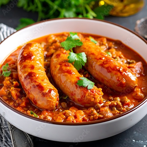 Delicious sausages in tomato sauce.