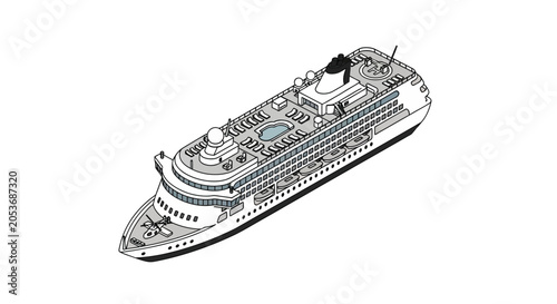 Photography A detailed isometric illustration of a large luxury cruise ship on white backgro
