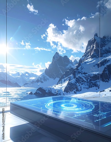 Futuristic pool with mountain snowy landscape.