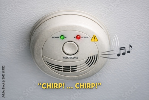 A smoke detector with alarm sounds, written in chirping sounds 'chirpi chirpi'