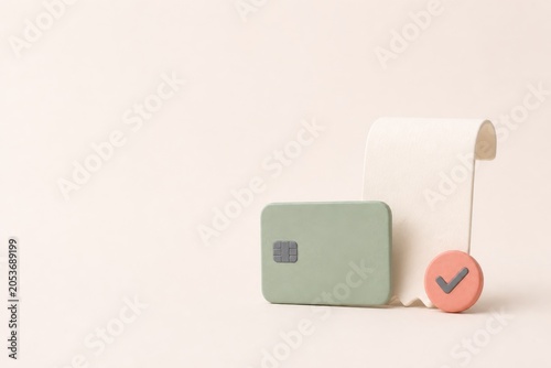 Minimal 3D paper clay illustration of a blank payment card, receipt slip and checkmark token. Clean checkout, invoice and payment confirmation hero concept.