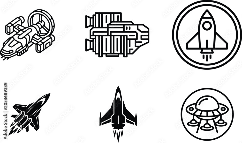 Naklejka premium set of spaceship and rocket icons for design and technology concepts